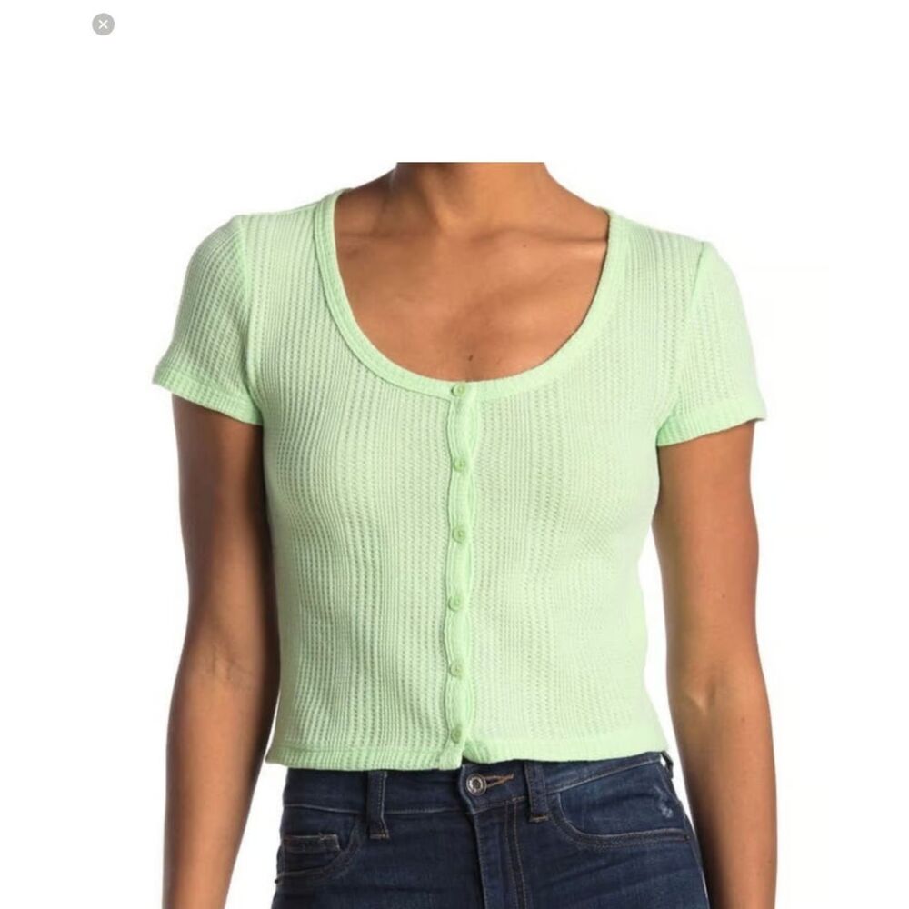Elodie waffle knit short-sleeve top in neon green with button-front closure.